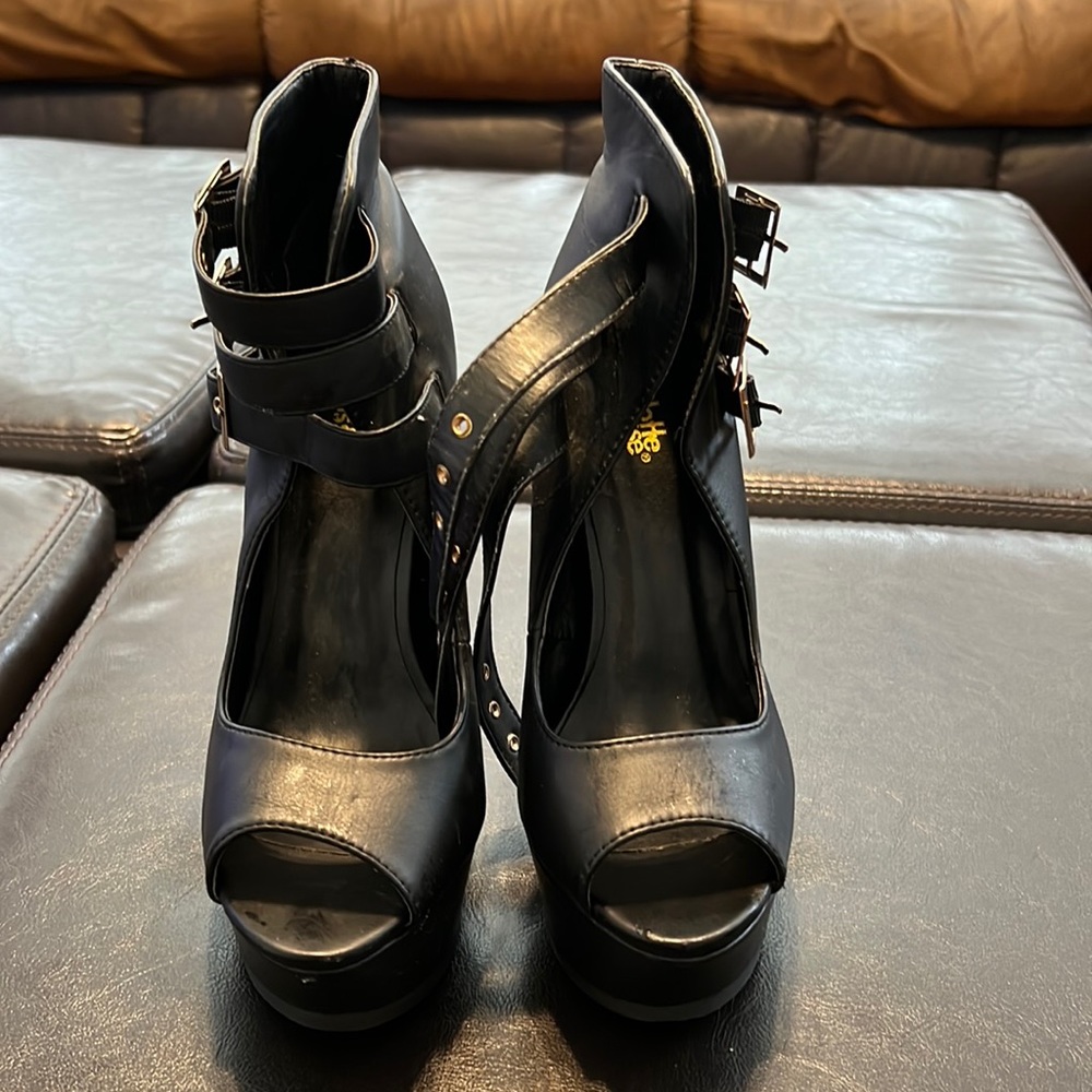 Leather Black Open Toe Heels